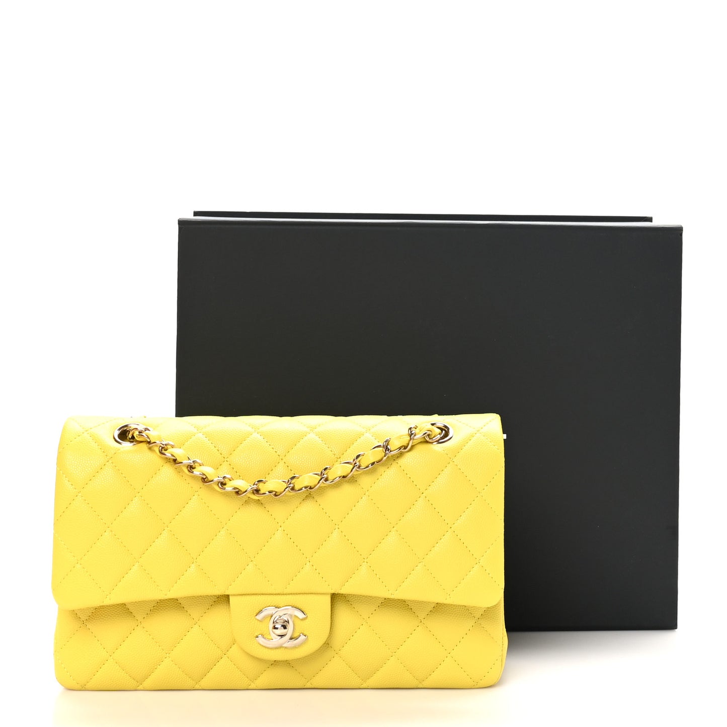 Caviar Quilted Medium Double Flap Yellow