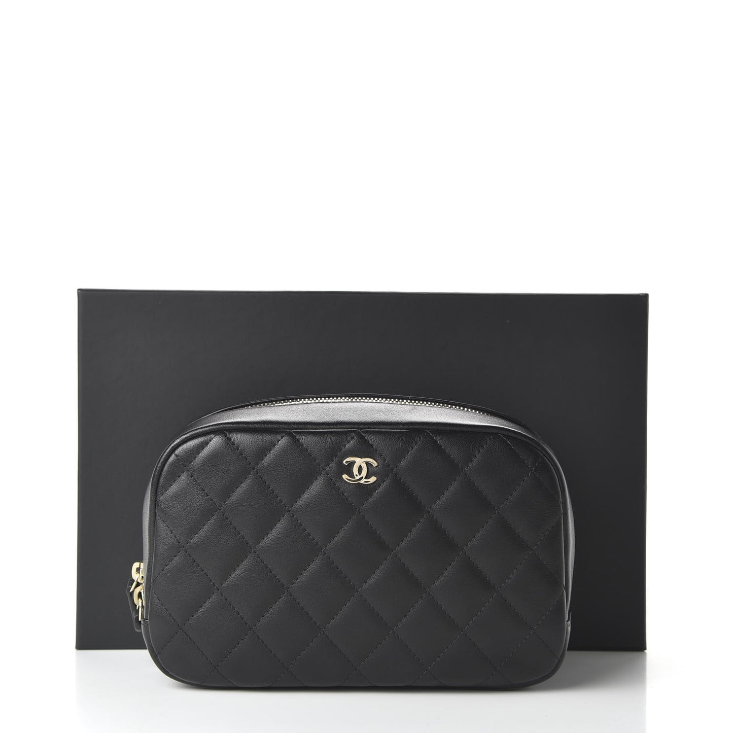 Lambskin Quilted Medium Curvy Pouch Cosmetic Case Black