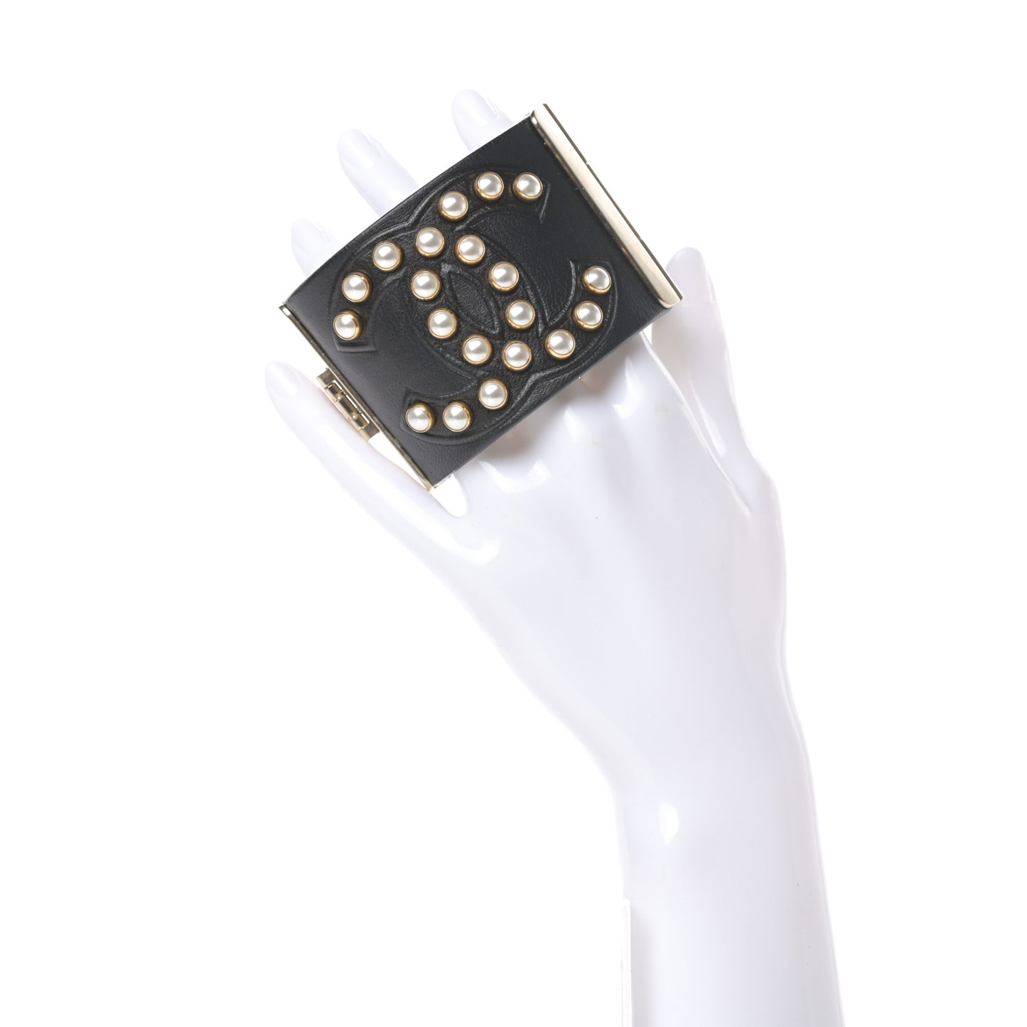 Lambskin Calfskin Pearl CC Cuff Bracelet Black Gold