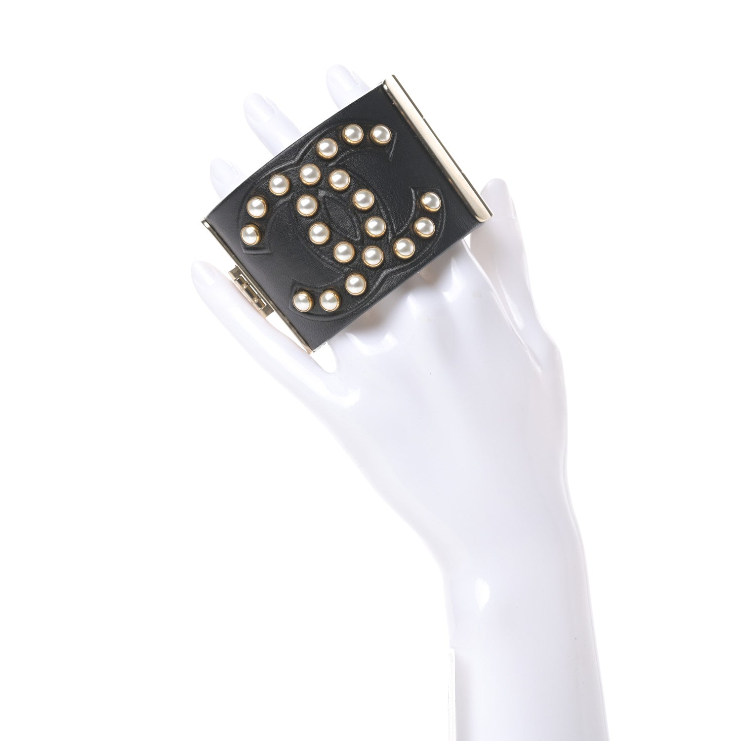 Chanel Lambskin Calfskin Pearl CC Cuff Bracelet Black Gold 2 of 5
