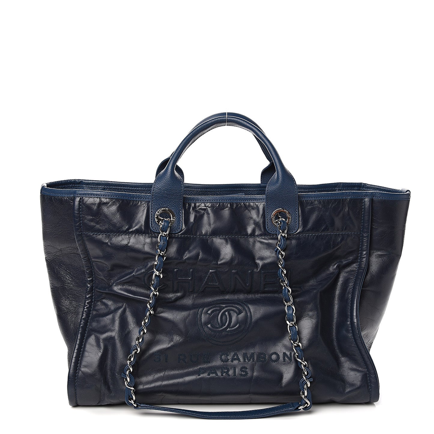 Glazed Calfskin Medium Deauville Tote Blue
