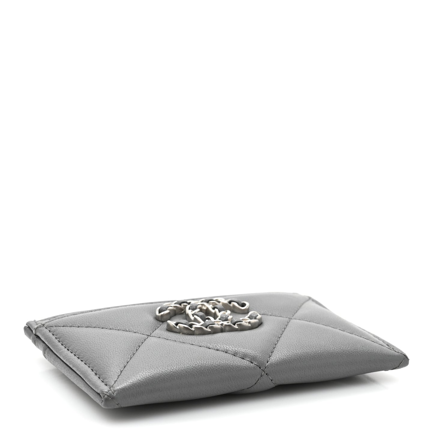 Lambskin Quilted Chanel 19 Card Holder Grey