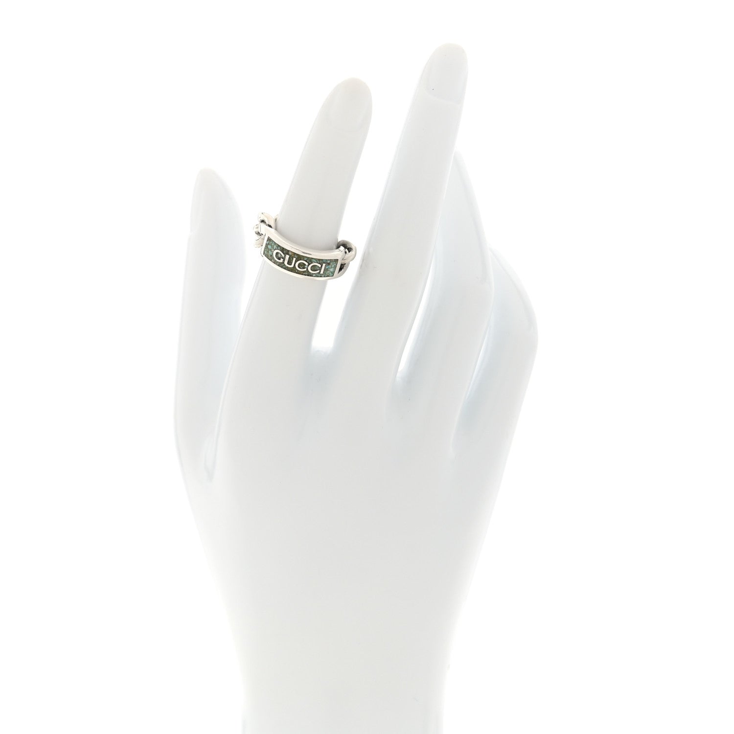 Gucci Sterling Silver Enamel Logo Chain Ring 49 4.75 Turquoise 2 of 4