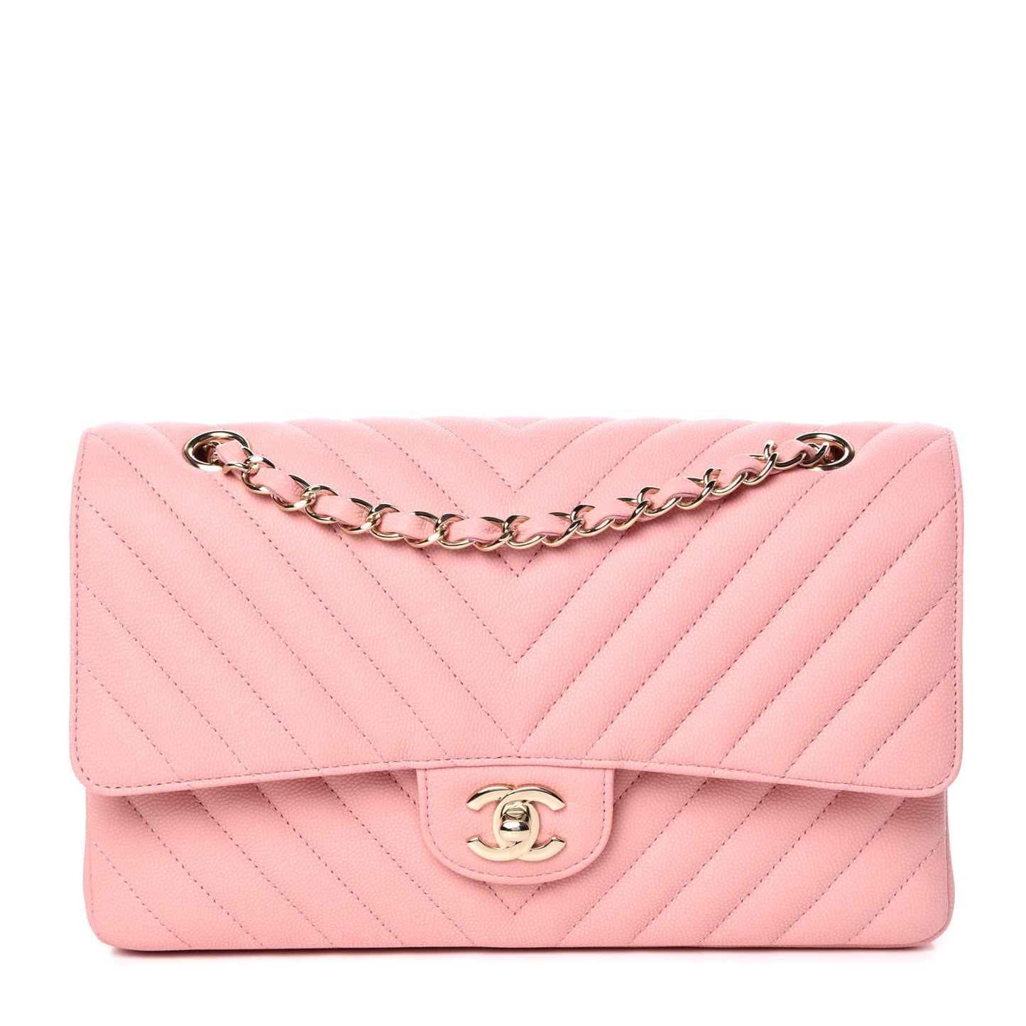Caviar Chevron Quilted Medium Double Flap Pink