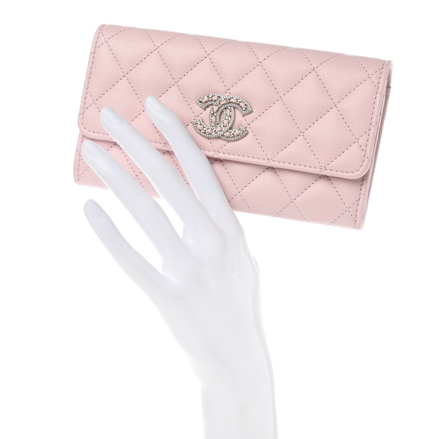 Chanel Caviar Quilted Crystal CC Large Gusset Flap Wallet Pink 2 of 9