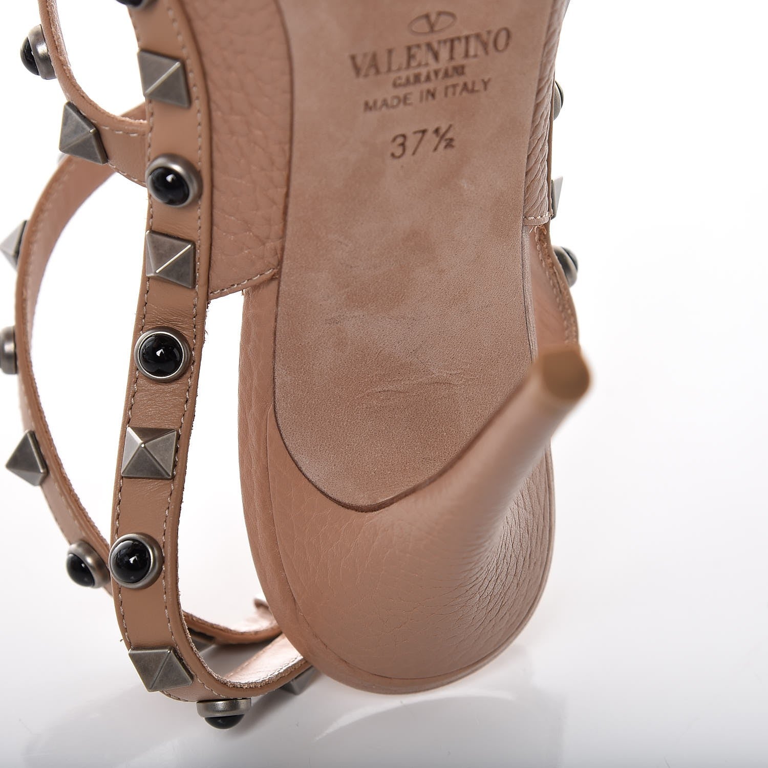 Valentino Garavani Pebbled Calfskin Onyx Rockstud Rolling Ankle Strap 100mm Pumps 37.5 Soft Noisette 8 of 8