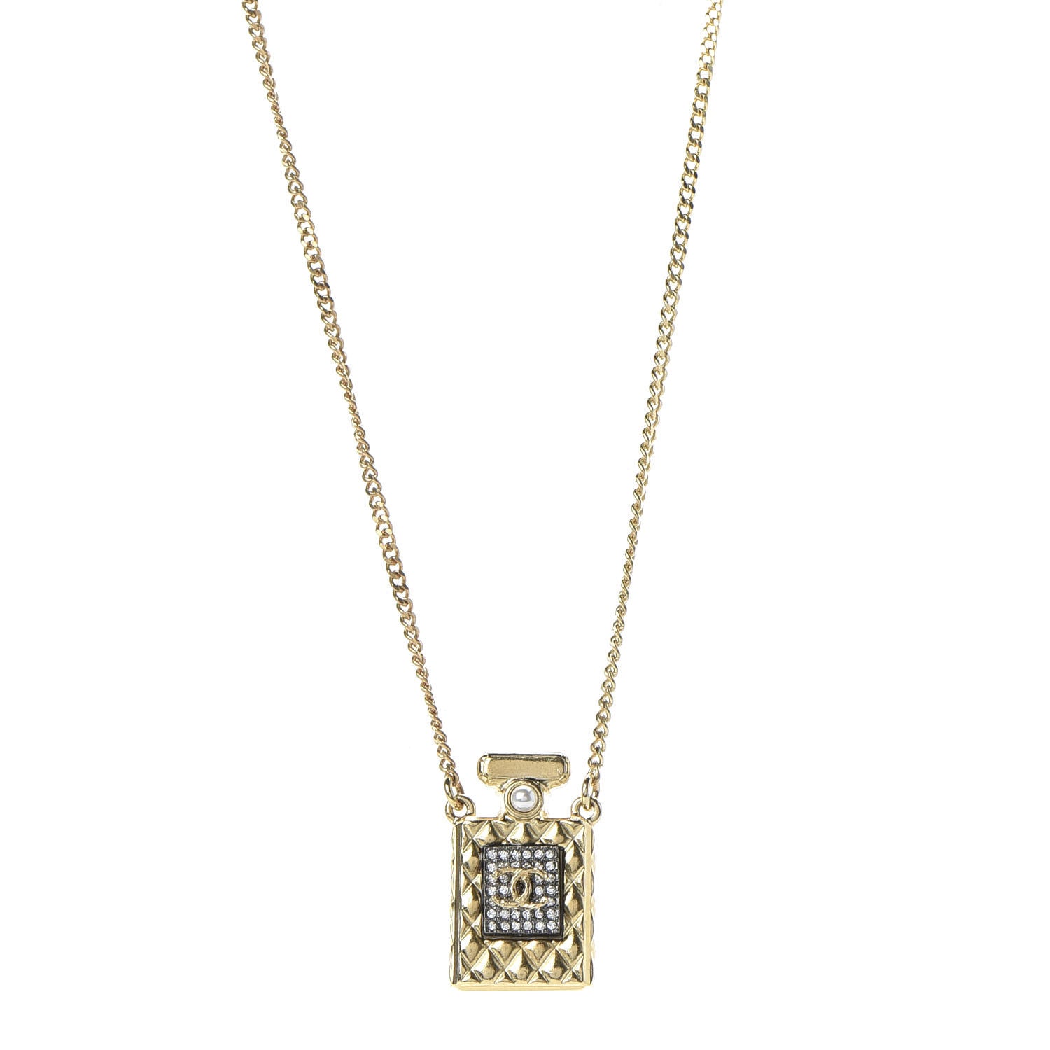 Chanel Crystal Pearl Perfume Bottle CC Necklace Gold 1 of 7