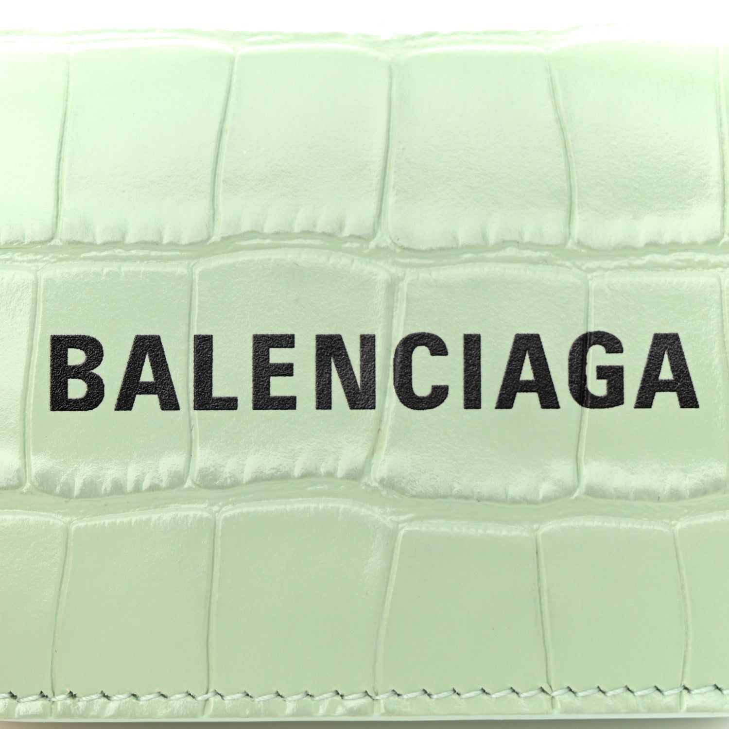 Balenciaga Shiny Calfskin Logo Crocodile Embossed Logo Mini Cash Wallet On Chain Light Green Black 7 of 14