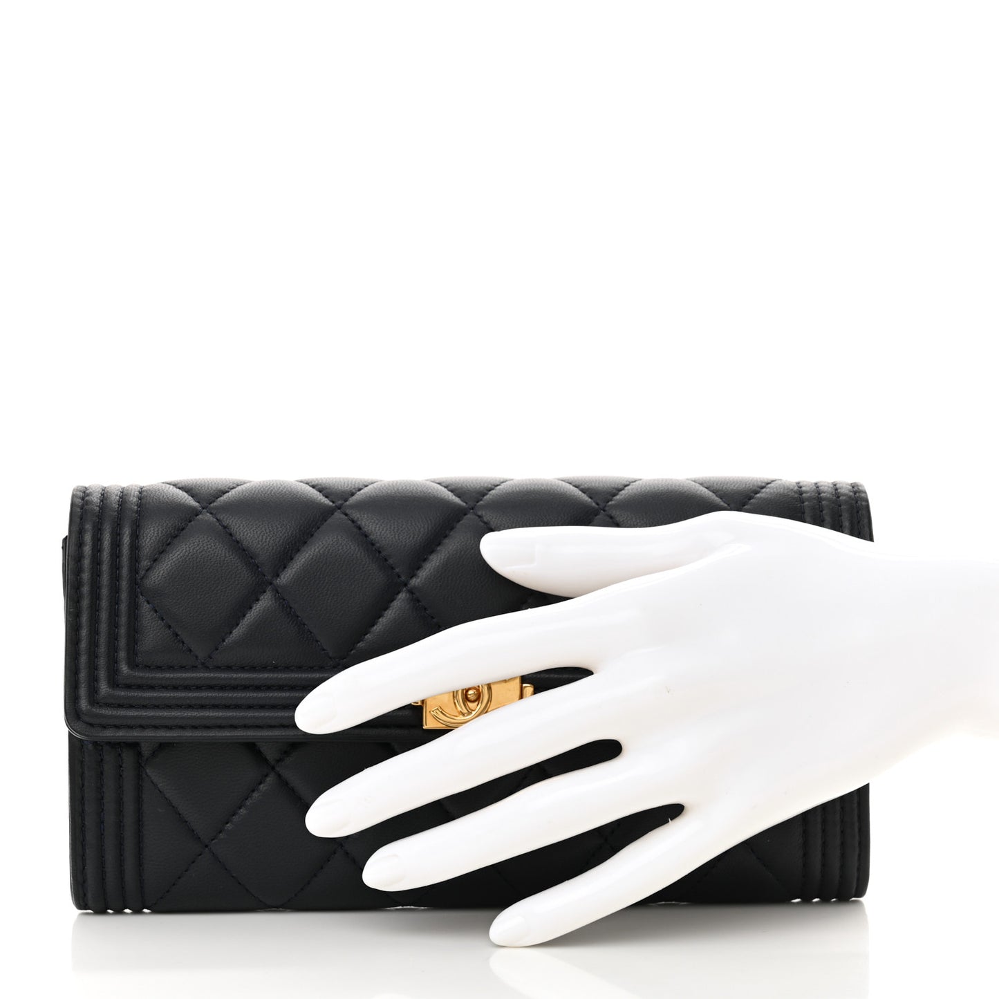 Lambskin Quilted Large Boy Gusset Flap Wallet Navy
