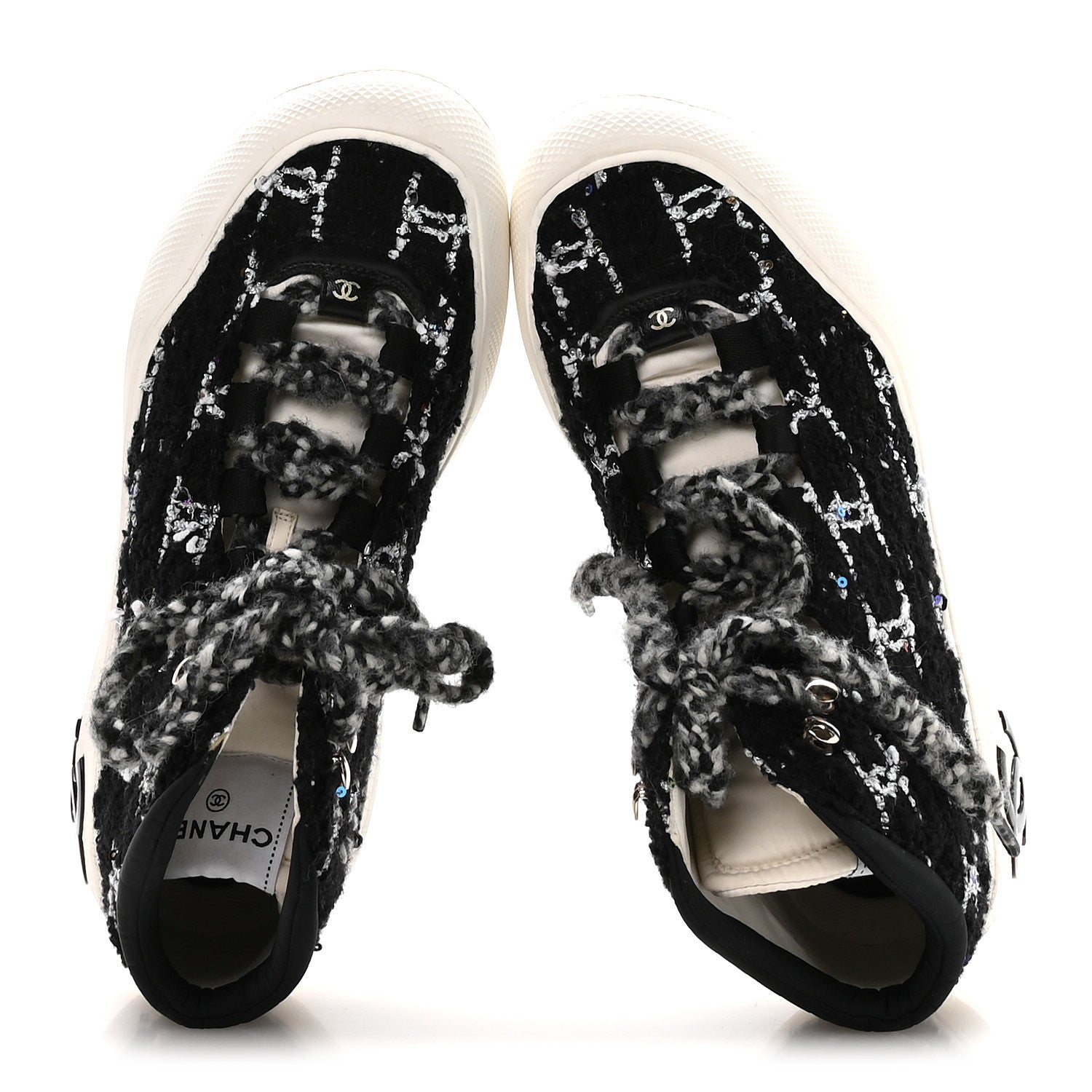 Chanel Tweed Sequins CC Lace Up Ankle Snow Boots 40 Black White