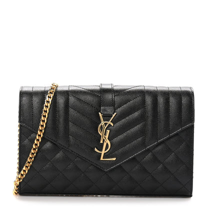 Saint Laurent Grain De Poudre Mixed Matelasse Triquilt Monogram Chain Wallet Black 1 of 11