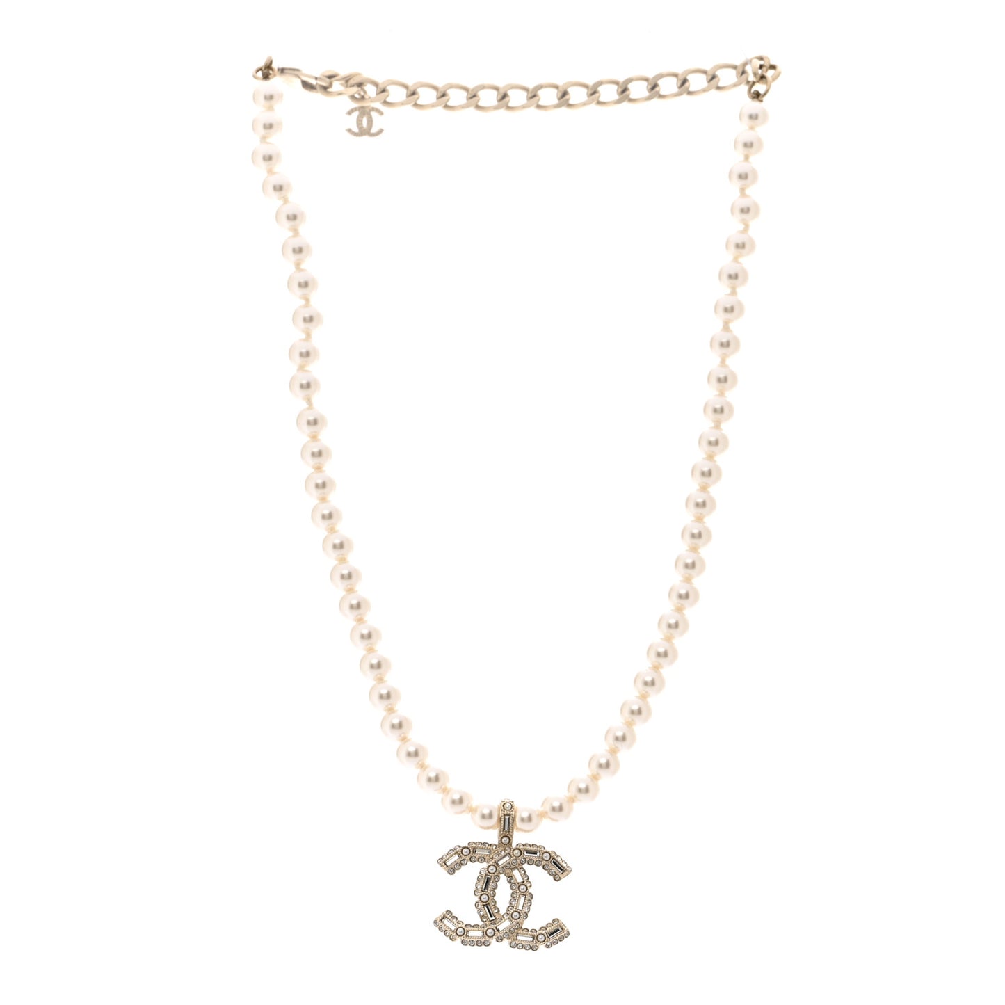 Pearl Crystal Baguette CC Short Necklace Gold