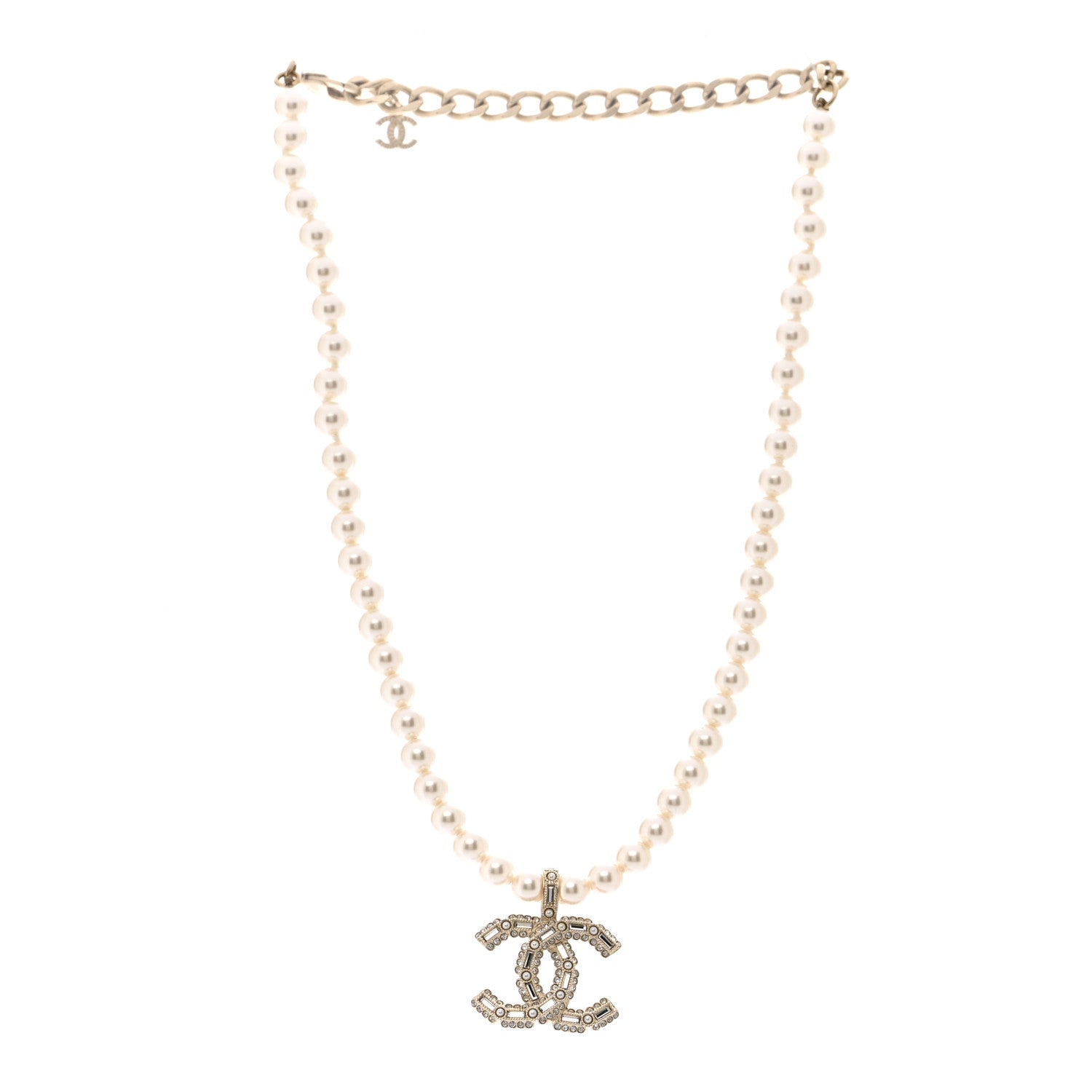 Chanel Pearl Crystal Baguette CC Short Necklace Gold 3 of 6