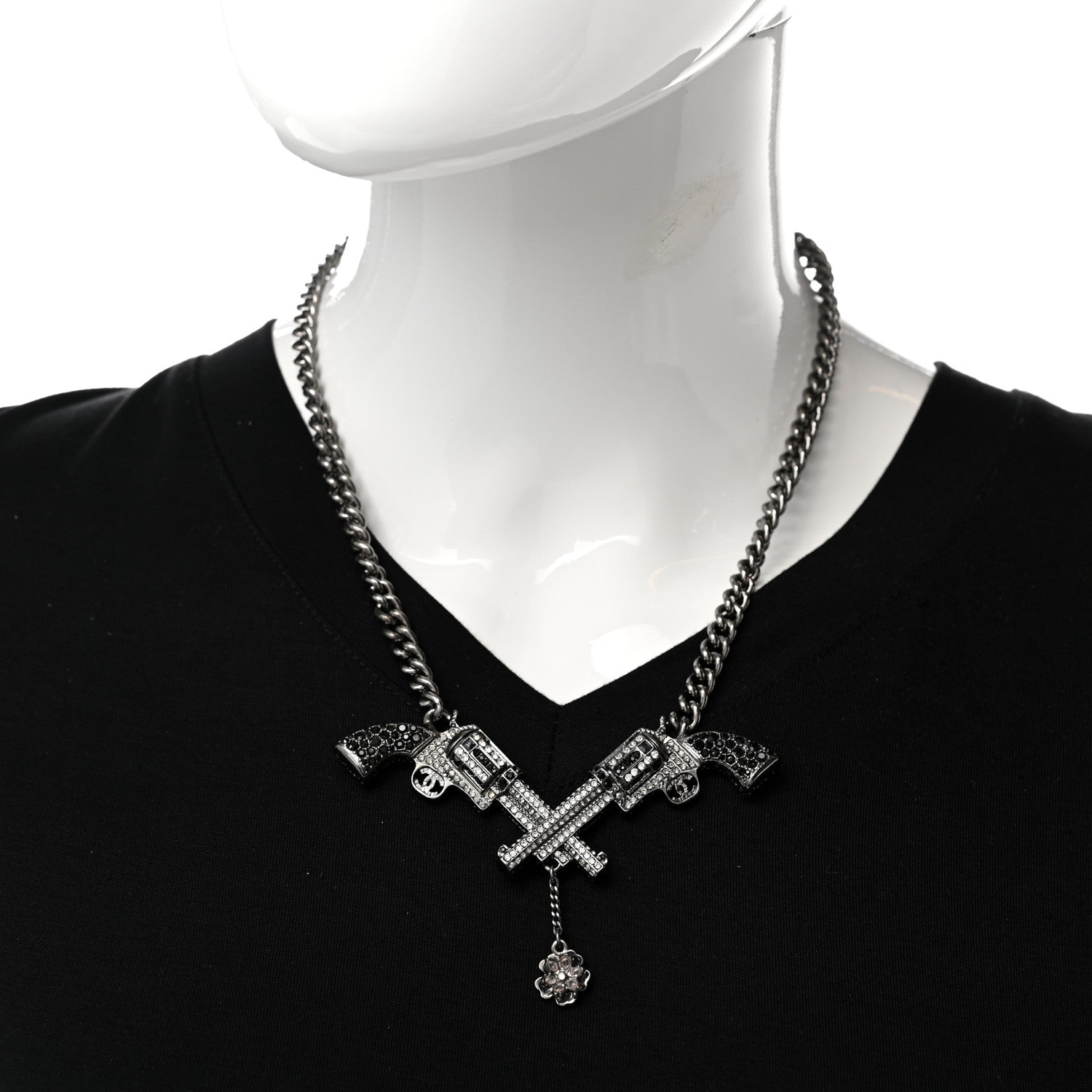 Chanel Baguette Crystal Ruthenium CC Paris Dallas Double Gun Drop Necklace 2 of 9