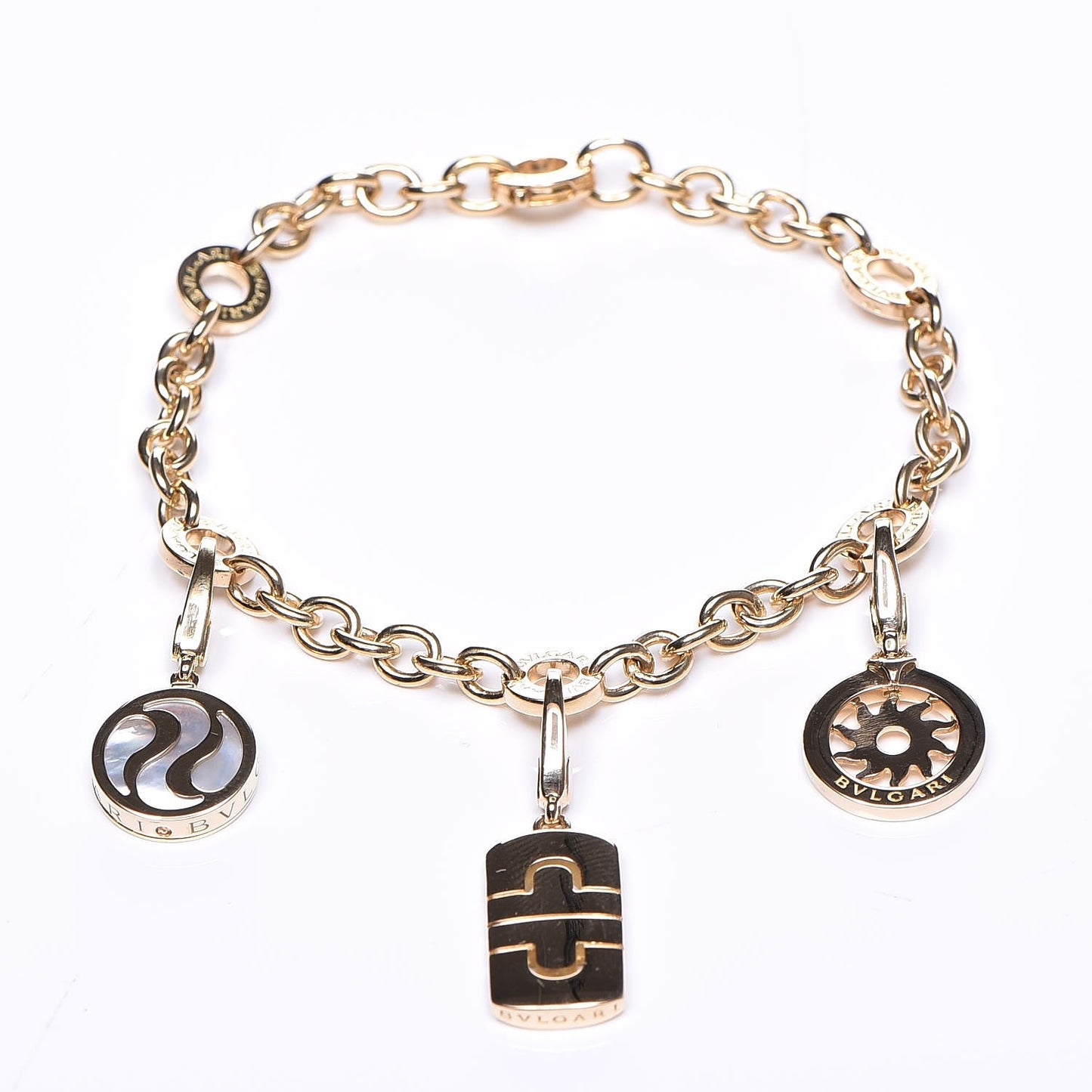 18K Yellow Gold Mother of Pearl Tondo Sun Parentesi Spinning Optical Charm Bracelet