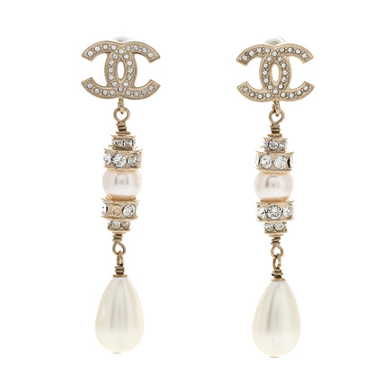 Chanel Pearl Crystal CC Drop Earrings Gold 1 of 5