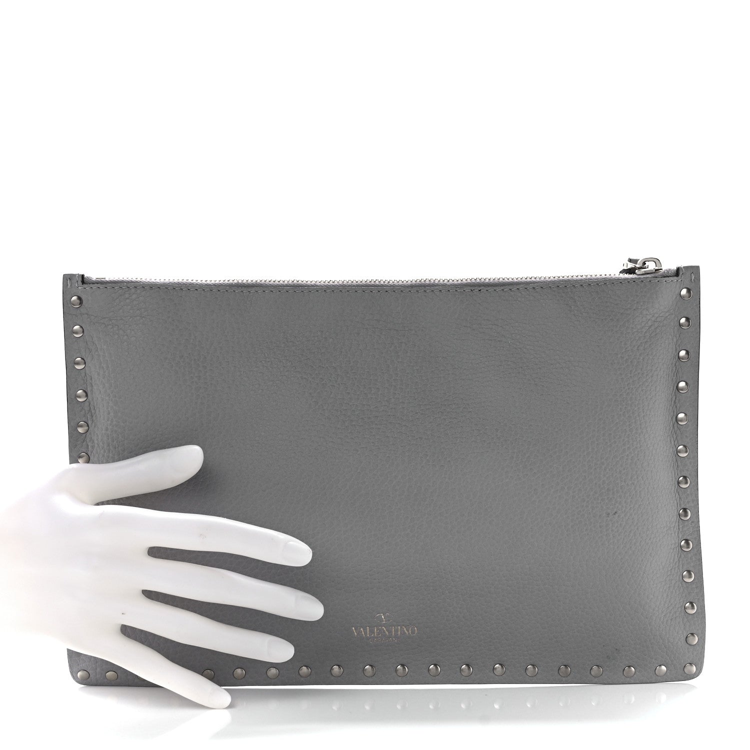 Valentino Garavani Pebbled Calfskin Large Rockstud Zip Pouch Pastel Grey 2 of 12