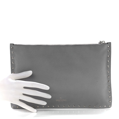 Valentino Garavani Pebbled Calfskin Large Rockstud Zip Pouch Pastel Grey 2 of 12