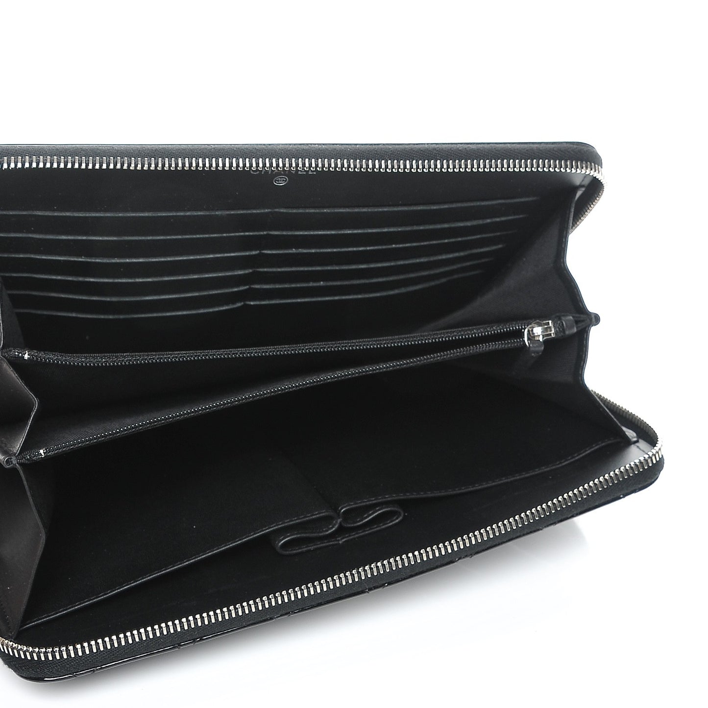 Patent Calfskin Quilted Zipped Clutch Black