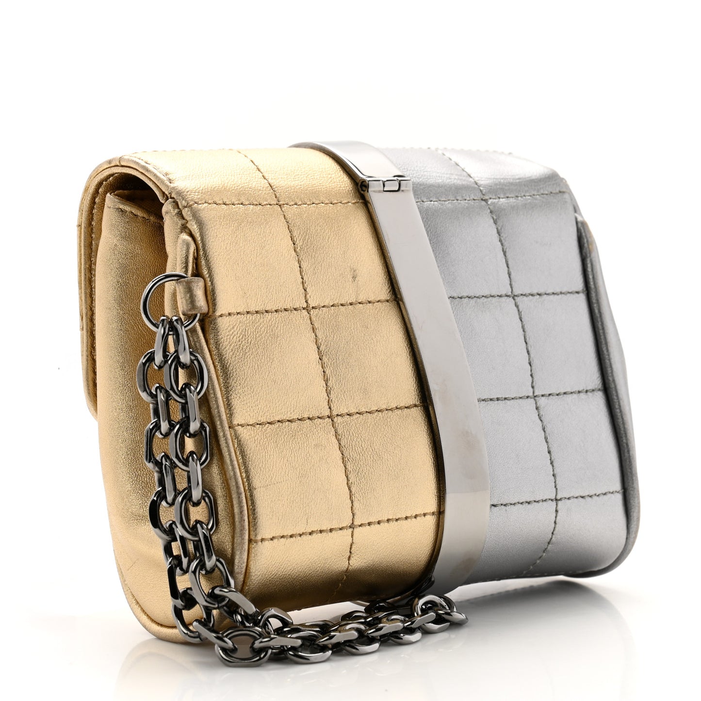 Metallic Lambskin Square Quilted Wristlet Clutch Gold Silver