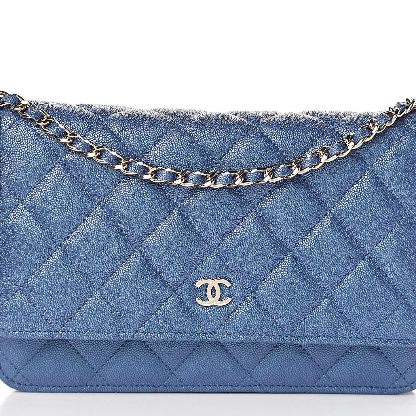 Iridescent Caviar Quilted Wallet On Chain WOC Dark Blue