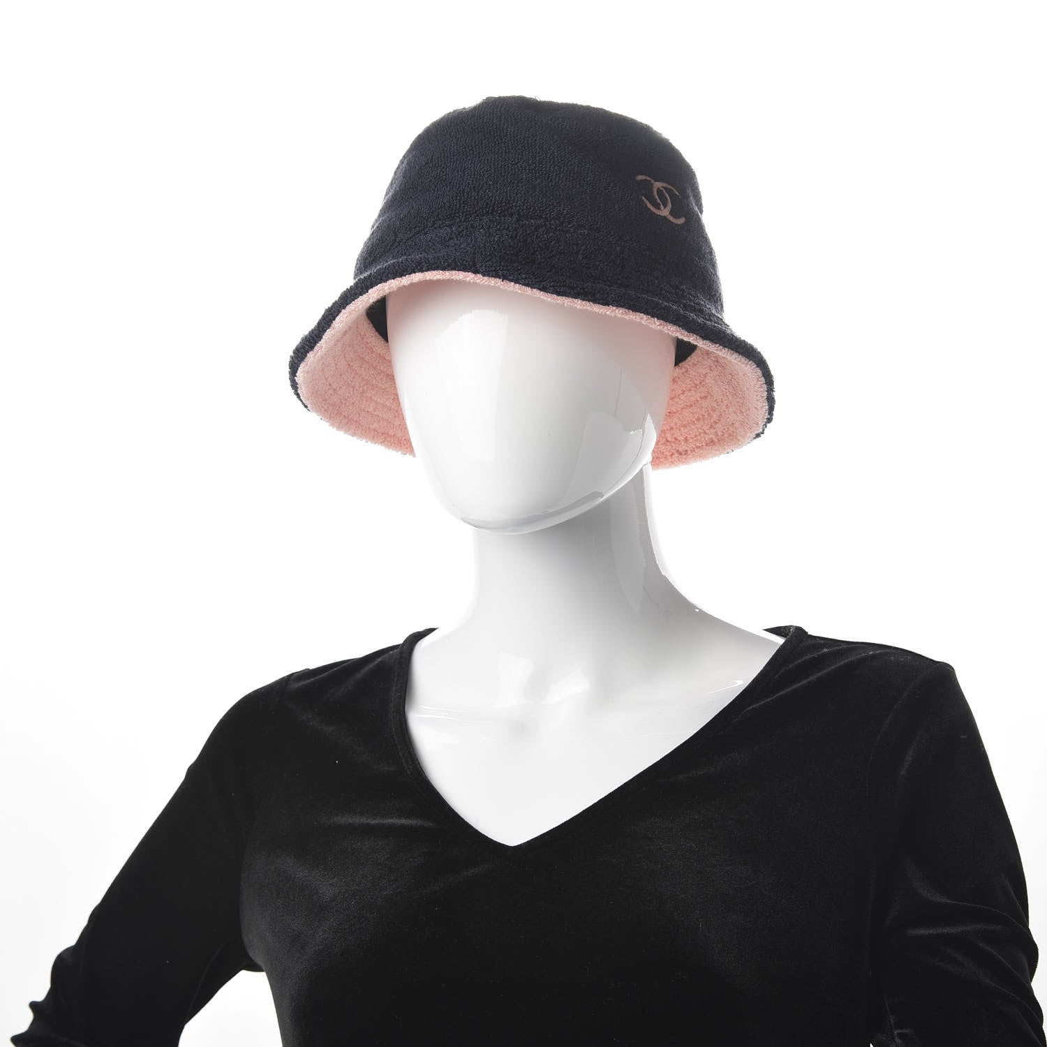 Chanel Cotton Terrycloth CC Cloche Bucket Hat M Navy Blue Pink 2 of 7