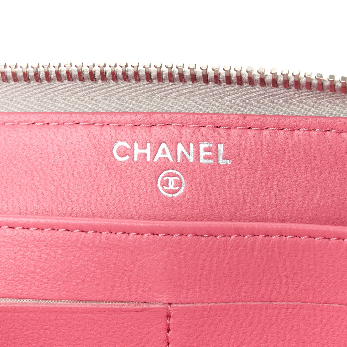 Metallic Lambskin Quilted Large Gusset Zip Around Wallet Silver Pink