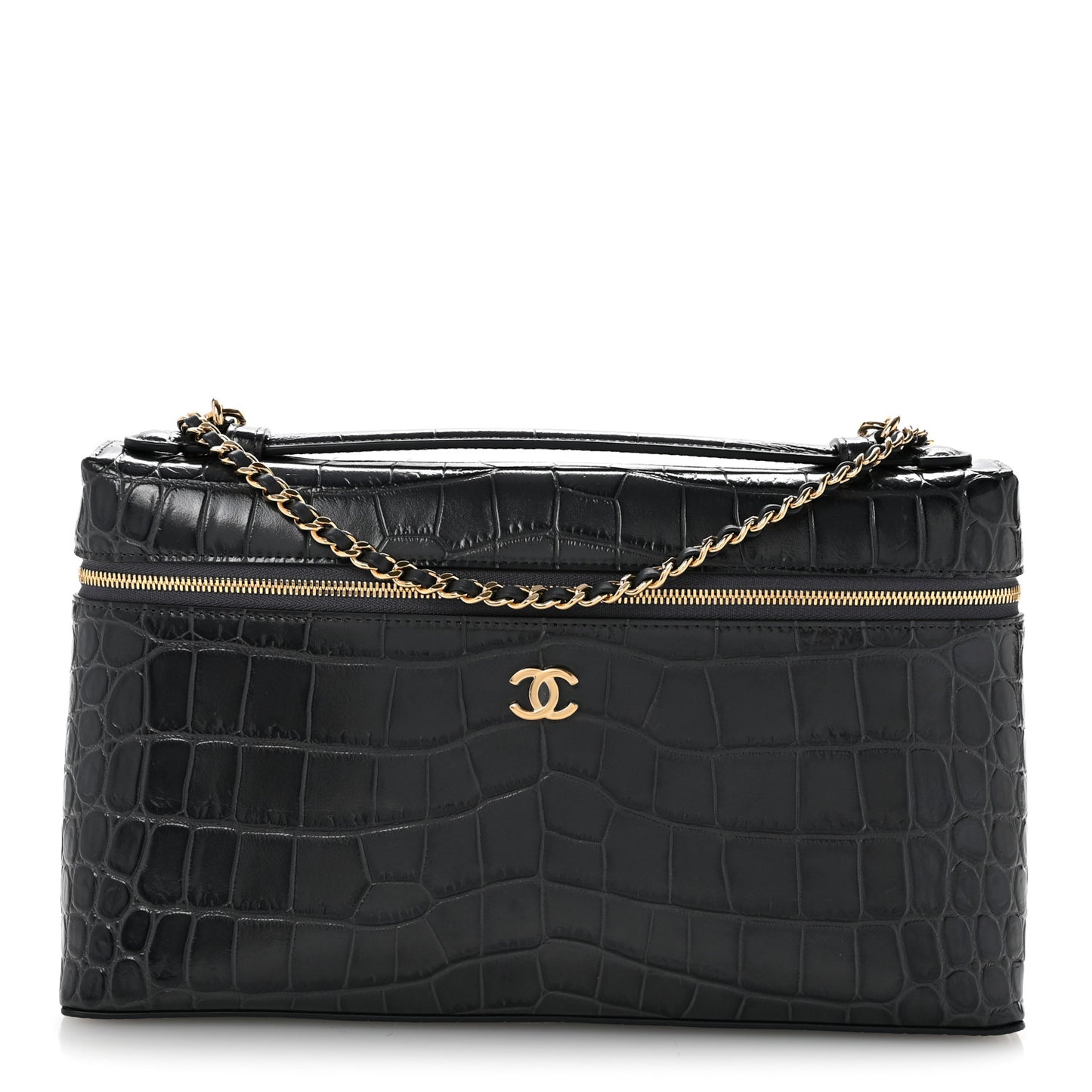 Calfskin Crocodile Embossed Top Handle Vanity Case With Chain Black Grey