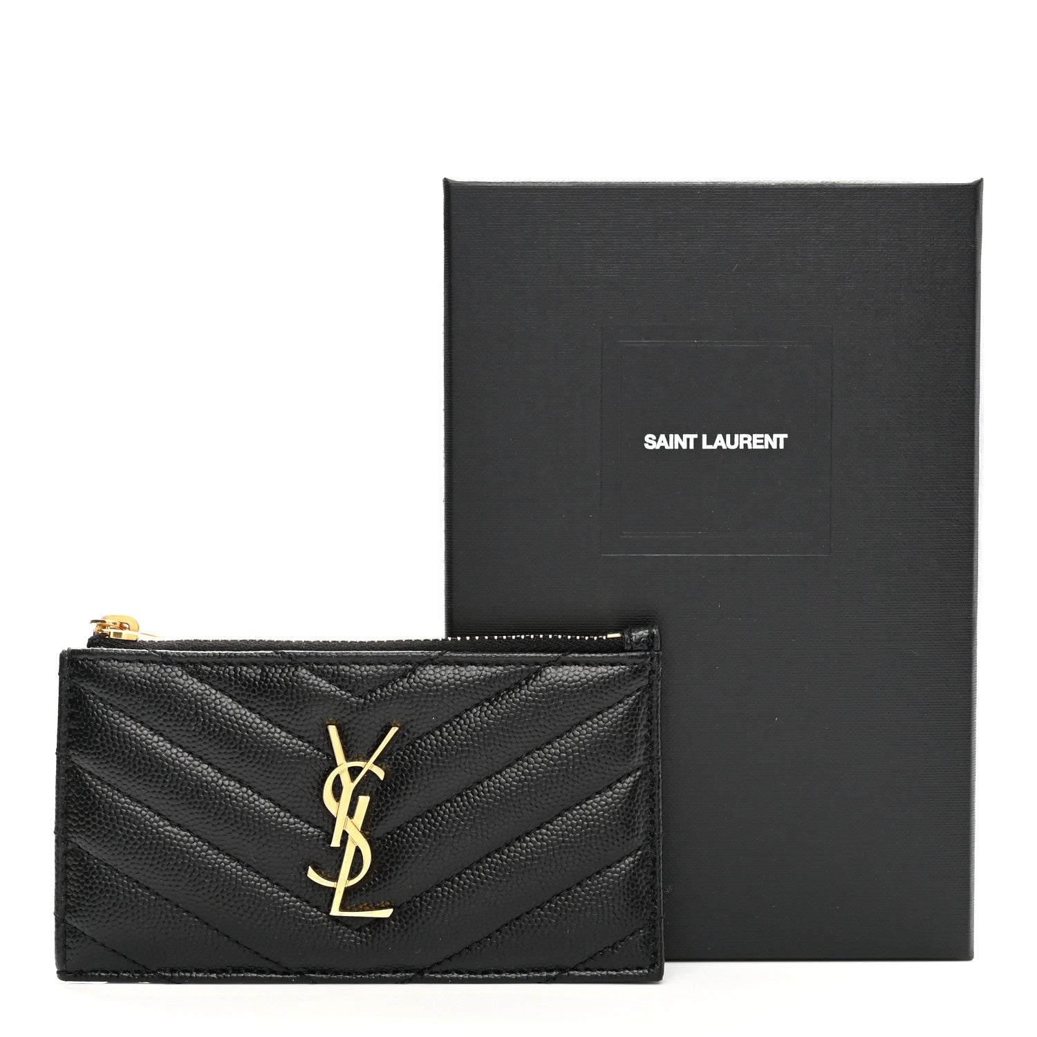 Saint Laurent Grain De Poudre Matelasse Chevron Monogram Fragments Zippered Card Case Black 10 of 10