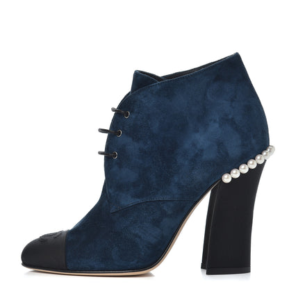 Chanel Suede Grosgrain Pearl Lace Up Booties 37 Dark Blue Black 1 of 16