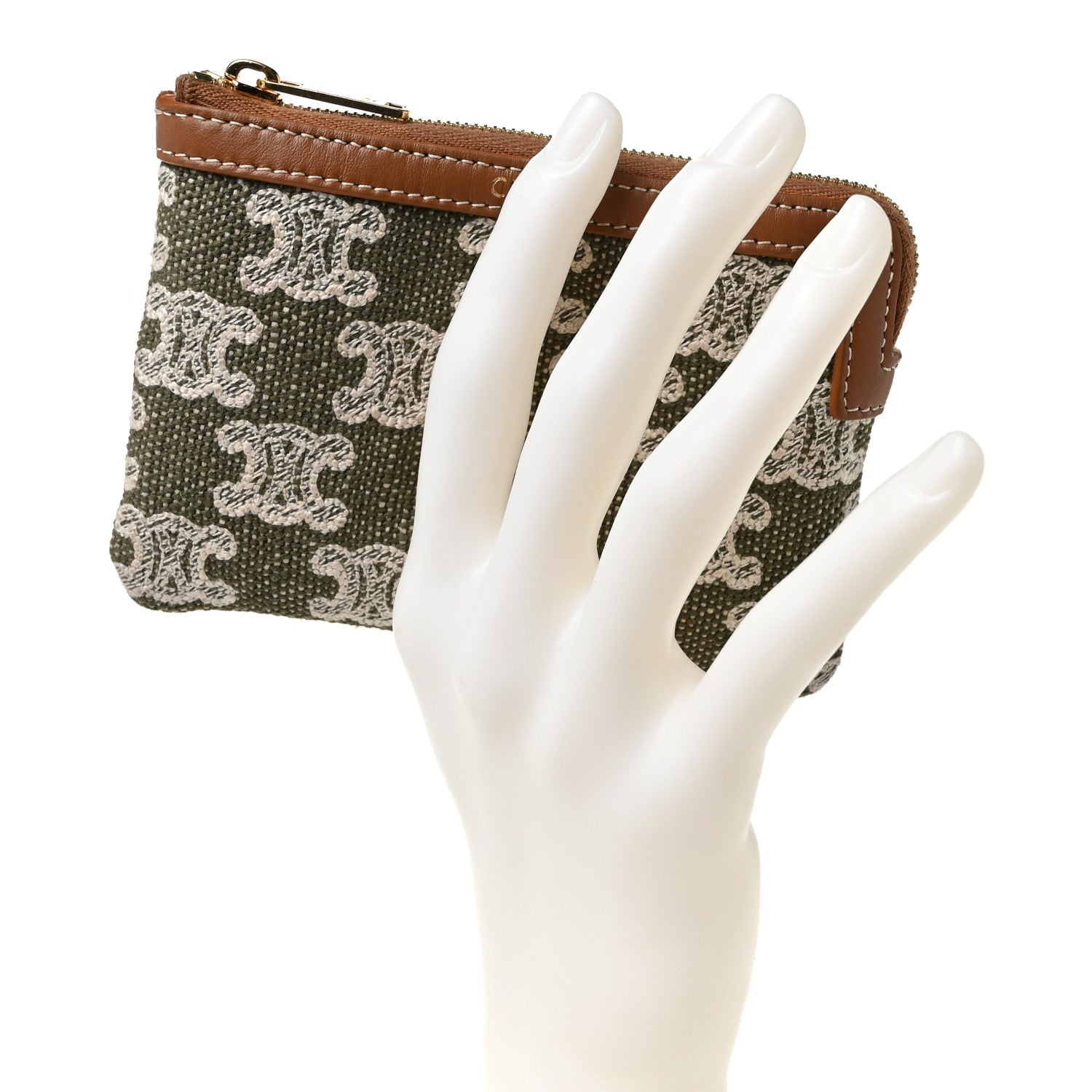 Celine Triomphe Canvas Calfskin Coin and Card Pouch Khaki 2 of 8