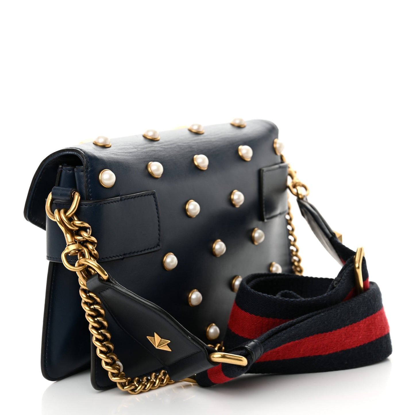 Nappa Pearl Studded Mini Queen Margaret Broadway Shoulder Bag Blue Agata