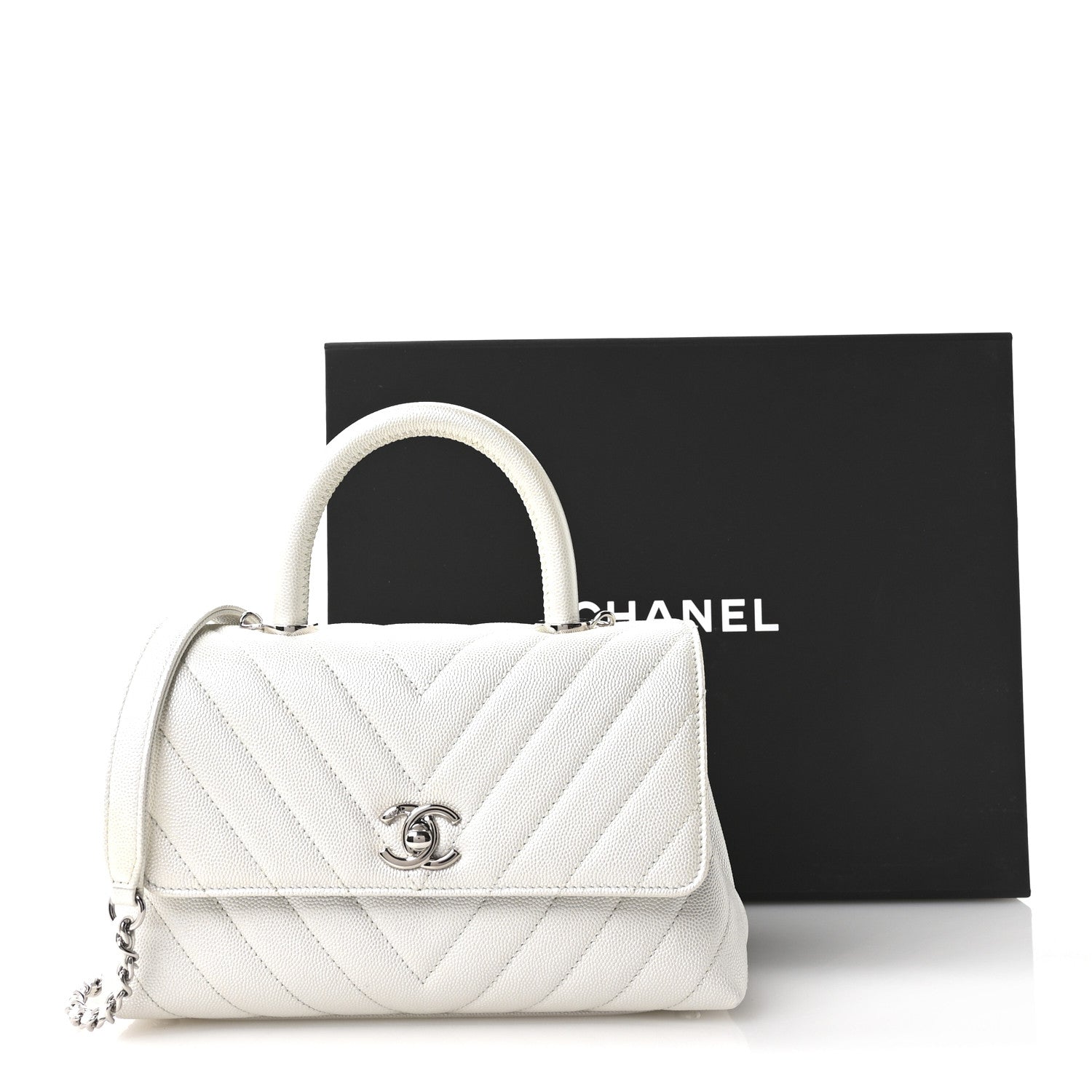 Chanel Iridescent Caviar Chevron Quilted Mini Coco Handle Flap White 11 of 11