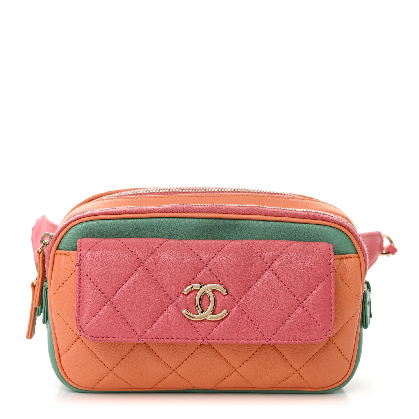 Goatskin Quilted Tri-Color In & Out Waist Bag Orange Green Pink