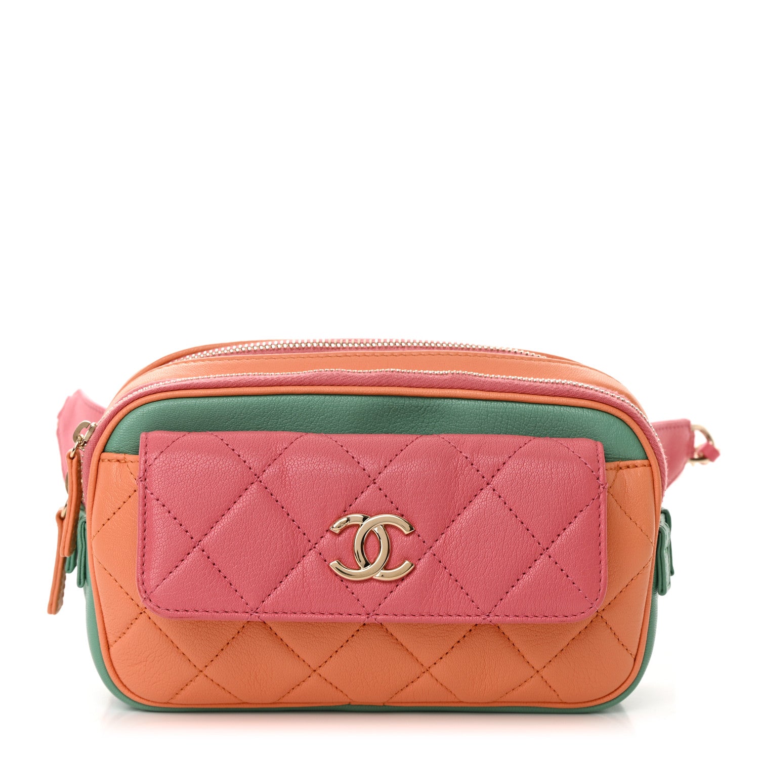 Chanel Goatskin Quilted Tri-Color In & Out Waist Bag Orange Green Pink 1 of 13
