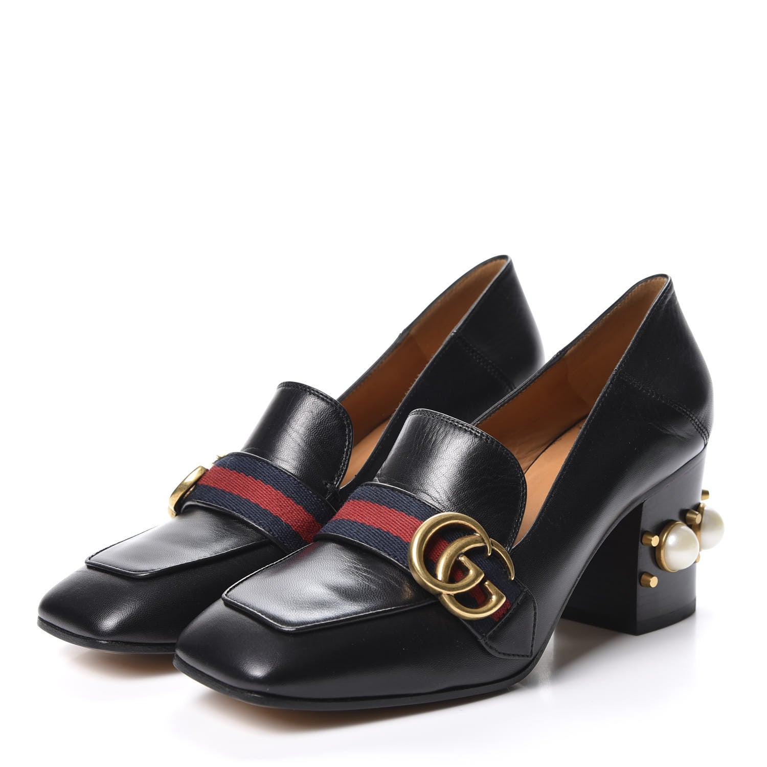 Gucci Malaga Kid Web Pearl Embellished Peyton 75mm Loafer Pumps 37 Black 3 of 11