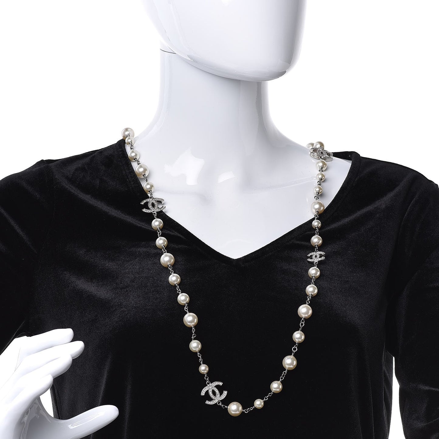 Crystal Pearl CC Long Necklace Silver