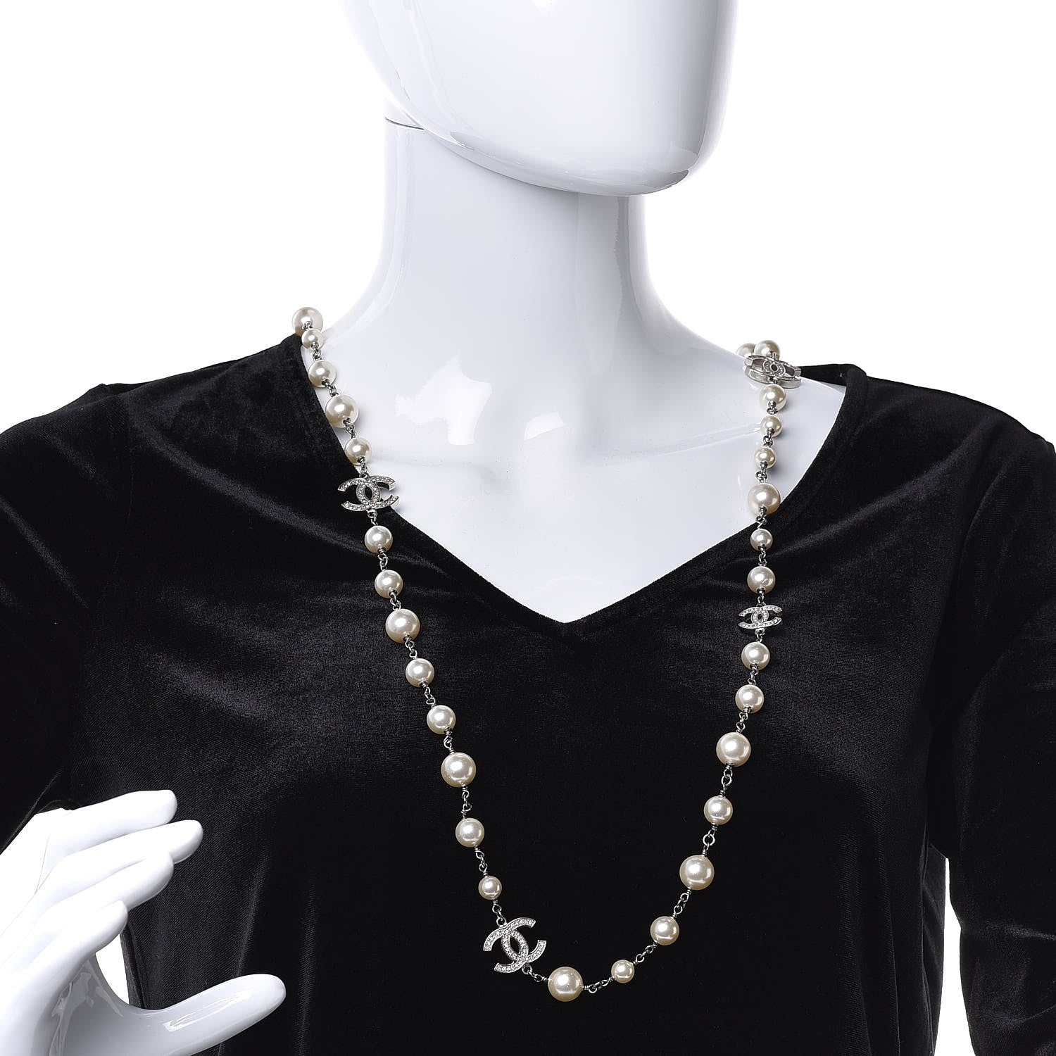 Chanel Crystal Pearl CC Long Necklace Silver 2 of 4