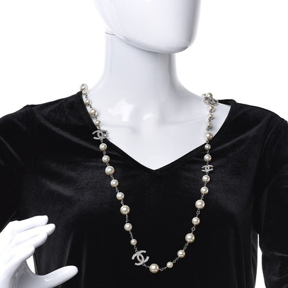 Chanel Crystal Pearl CC Long Necklace Silver 2 of 4