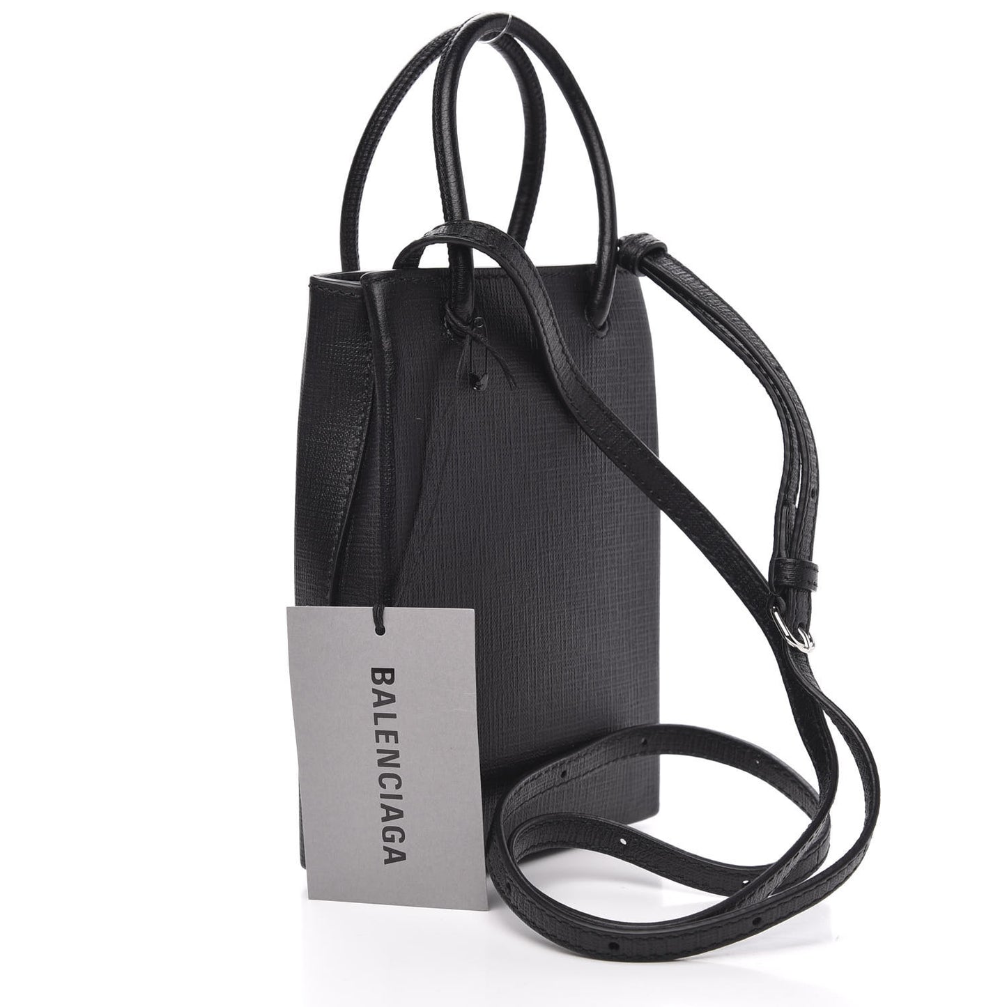 Textured Calfskin Lambskin Logo Shopping Phone Holder Bag Black
