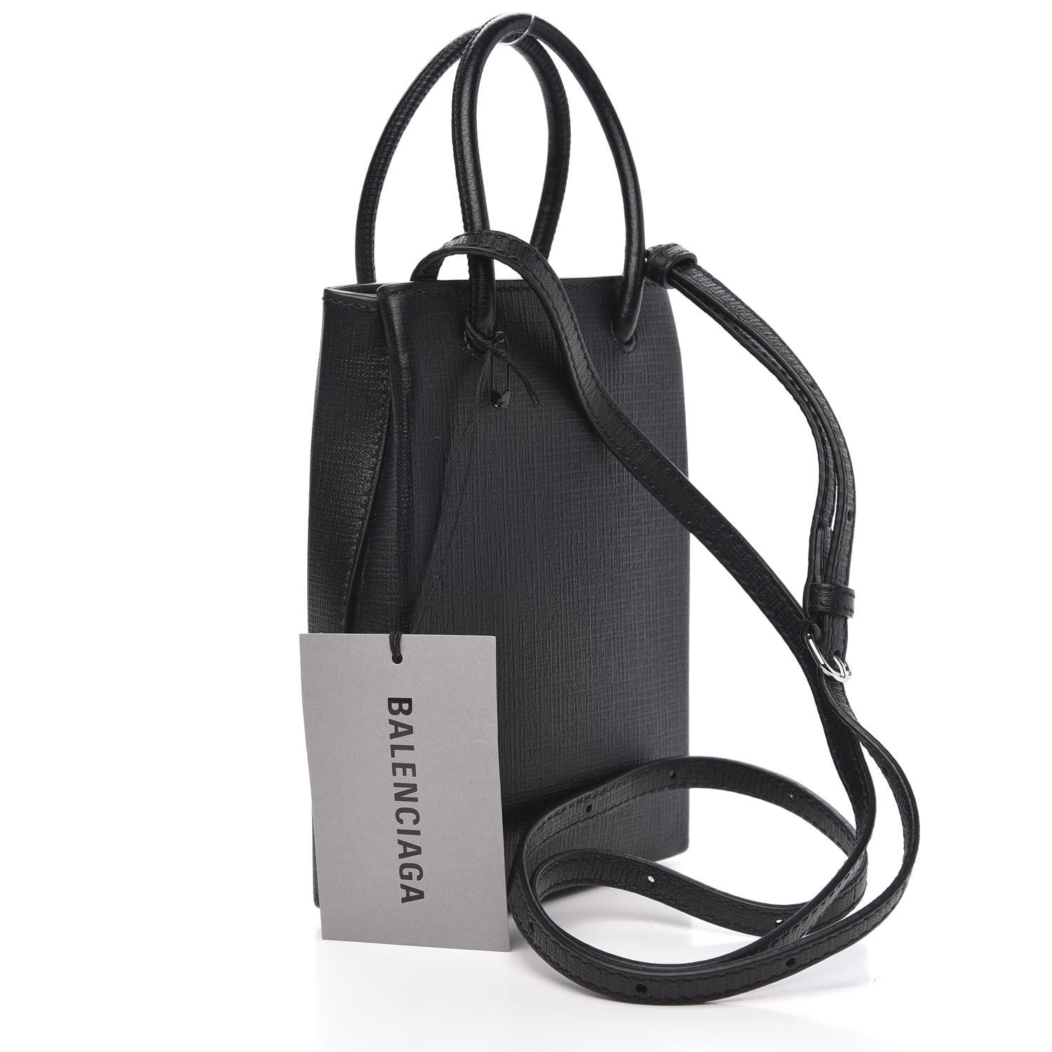 Balenciaga Textured Calfskin Lambskin Logo Shopping Phone Holder Bag Black 3 of 9