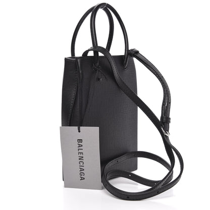 Balenciaga Textured Calfskin Lambskin Logo Shopping Phone Holder Bag Black 3 of 9