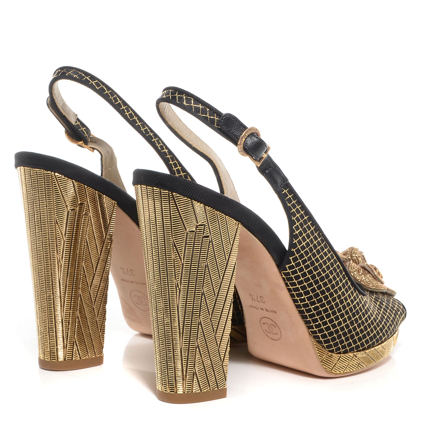 Latice Camellia Slingback Pumps 37.5 Black Gold
