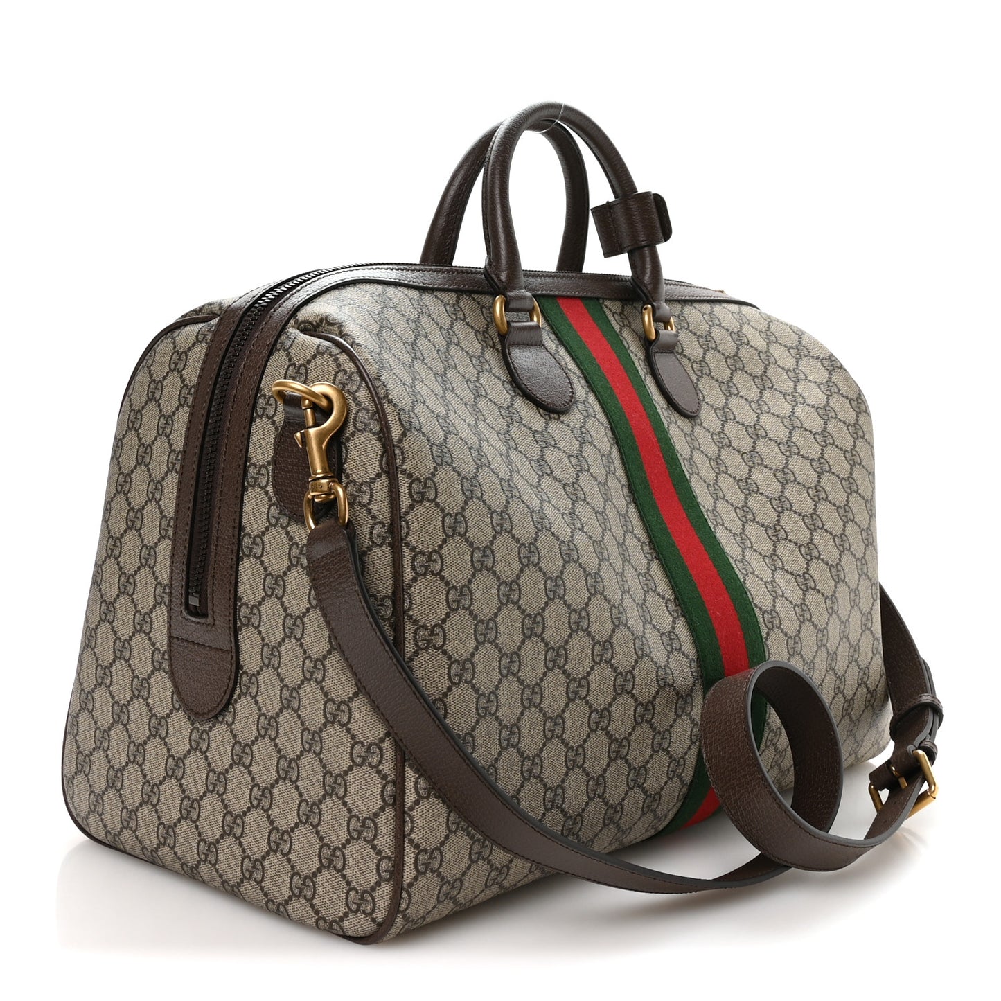 GG Supreme Monogram Textured Dollar Calfskin Web Medium Savoy Duffle Bag Beige Dark Brown