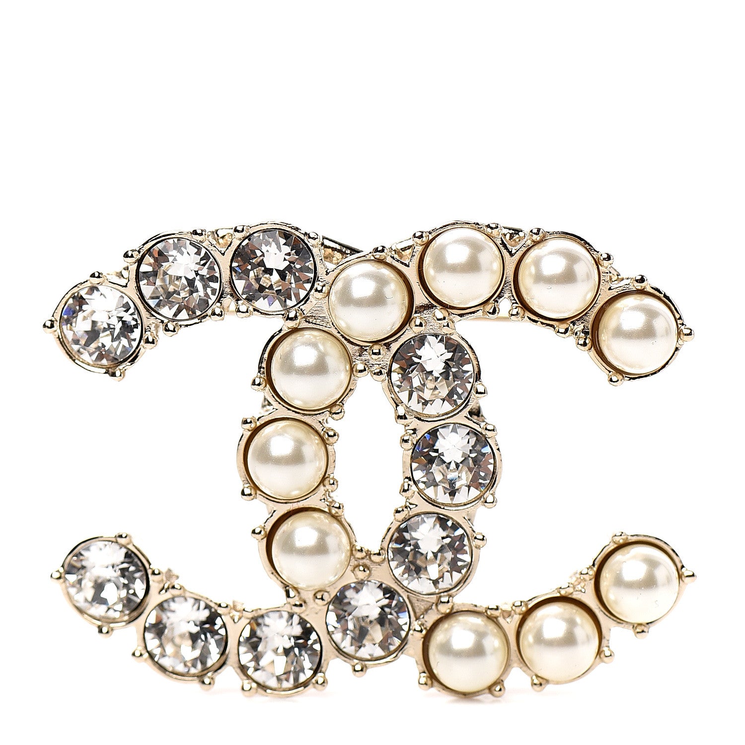 Chanel Pearl Crystal CC Brooch Gold Pearly White 1 of 4