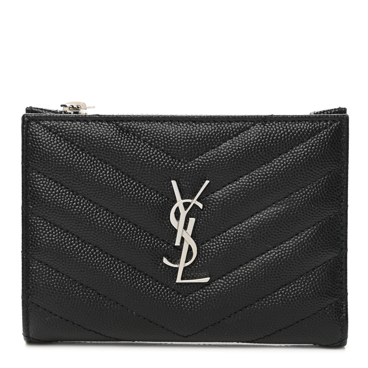 Saint Laurent Grain De Poudre Matelasse Chevron Monogram Zipped Two-Part Wallet Black 1 of 8