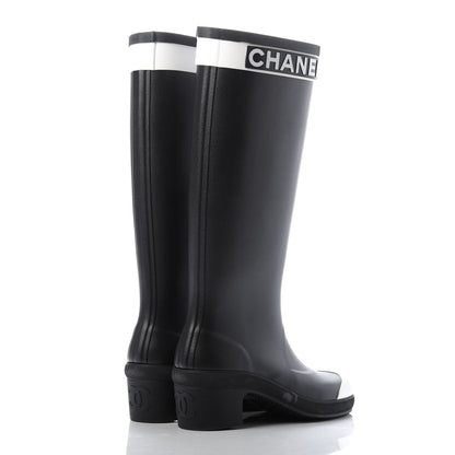 Chanel Rubber Logo Rain Boots 36 Black White 4 of 13