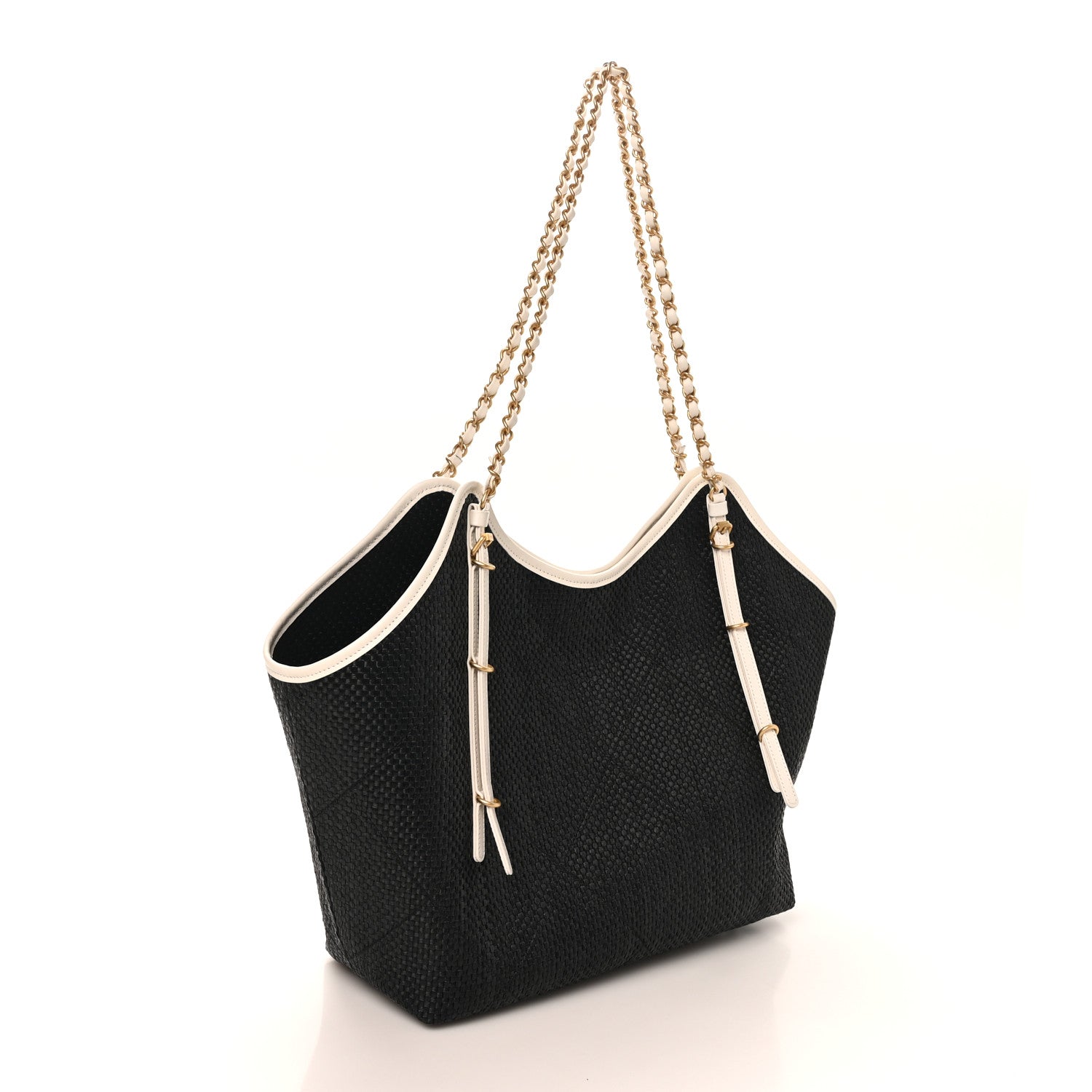 Chanel Calfskin Raffia Braided Small Shopping Tote Black White 4 of 11
