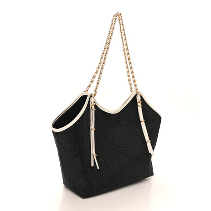 Chanel Calfskin Raffia Braided Small Shopping Tote Black White 4 of 11
