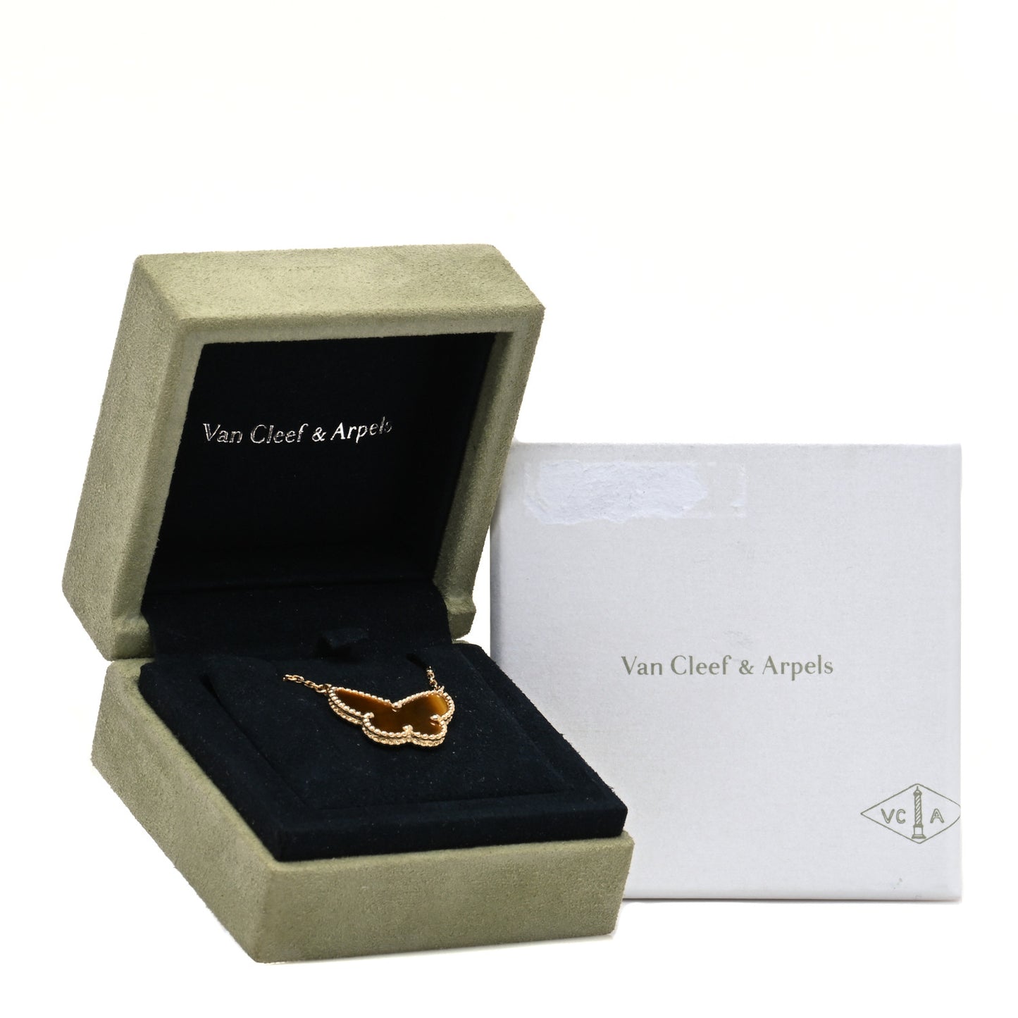 18K Yellow Gold Tiger Eye Lucky Alhambra Butterfly Pendant Necklace